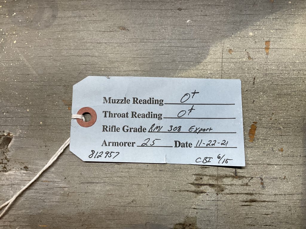 CMP Expert Grade M1 Garand tag with muzzle reading, throat reading, and rifle grade details
